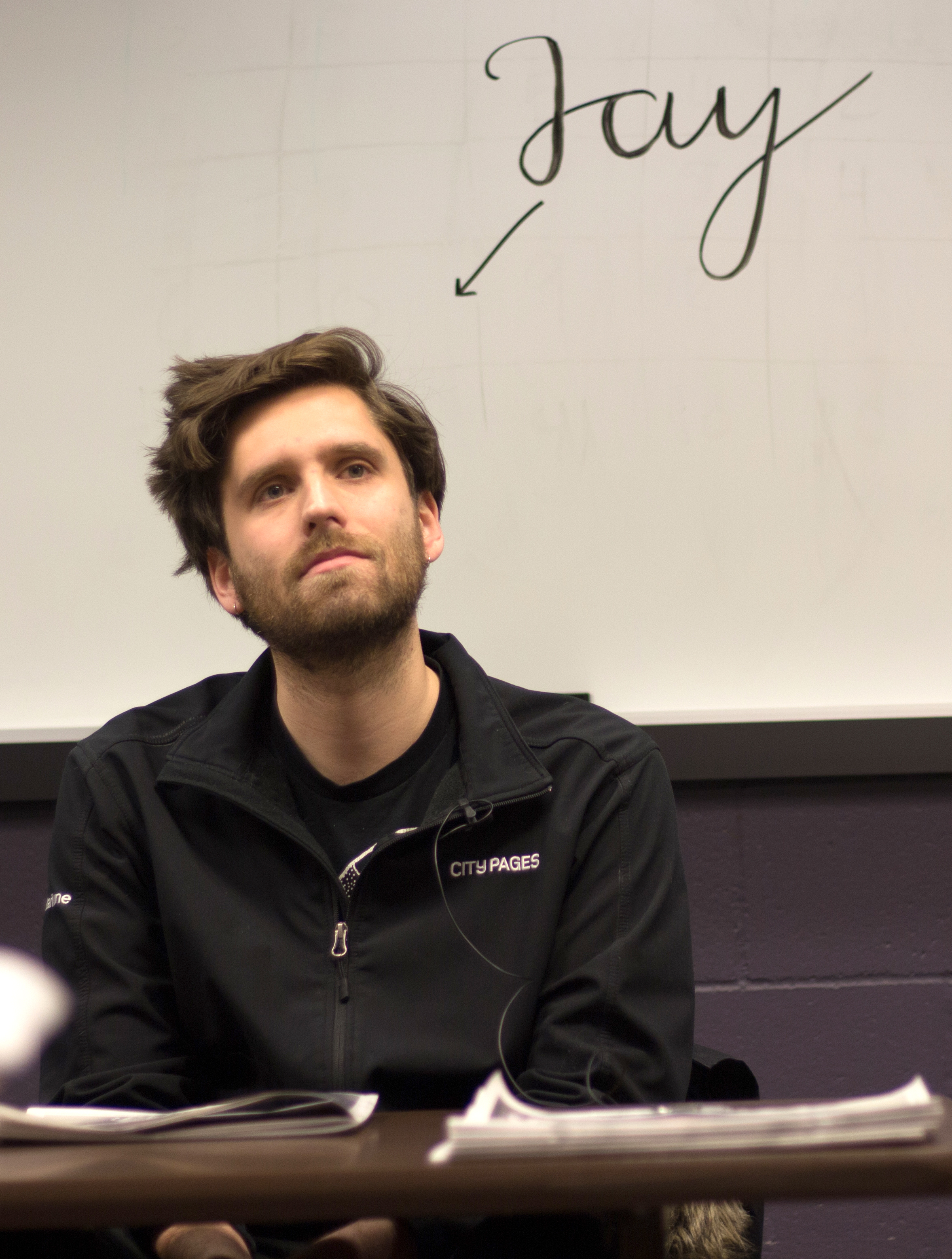 Jay Boller, music editor for City Pages, explains his role at City Pages to journalism students at Bethel University, Feb 8. He soon will switch to web and social media editor at the alternative weekly in the Twin Cities. | photo by CARLO HOLMBERG