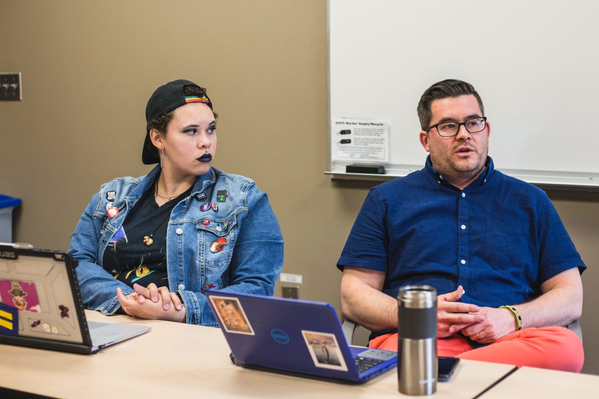 Student Chase DuBose and Associate Campus Pastor Jason Steffenhagen share ideas for the new discipleship group for LGBTQ+ students, Prism. | Photo by Carlo Holmberg 
