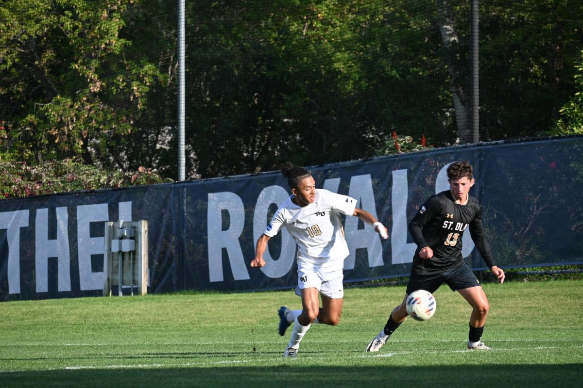 Jordan Ross’ team leading third goal of the season was all the Royals offense could muster in a tough 2-1 loss to St. Olaf to begin MIAC play Tuesday afternoon. | Photo provided by Austin Lagesse. 