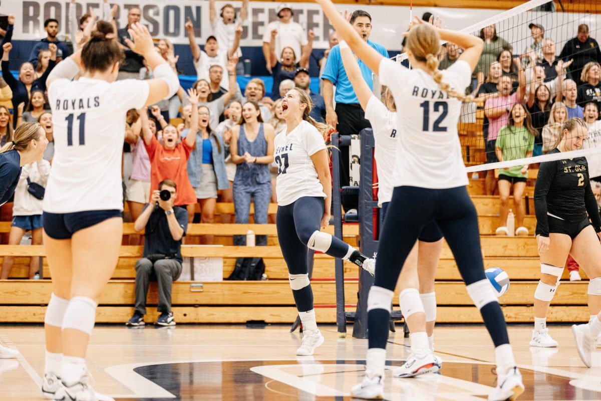 The Bethel University volleyball team opened MIAC conference play Wednesday night by defeating the St. Olaf College Oles in a five-set game. | Photo provided by Austin Lagesse. 