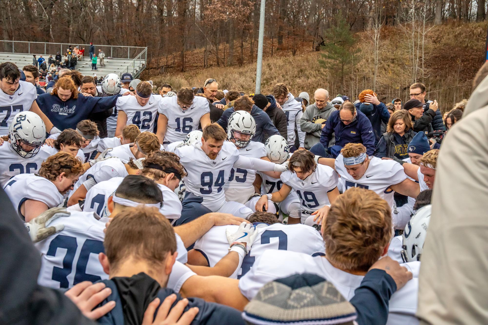 The Bethel University football team huddles up postgame and recites the Lord’s Prayer, a team tradition even in defeat. The Royals 2024 record now sits at 8-2 after falling 41-33 in the MIAC championship game to St.John’s University. “I was just proud of our guys battling, and came up short,” Bethel head coach Mike McElroy said. “And got to find ways to make plays and big stuff happen, and we made one less big play today than they did.” 