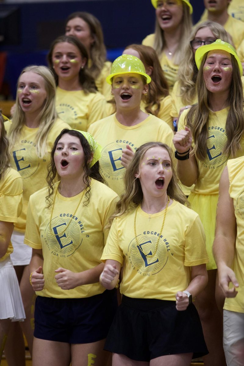 Freshmen Edgren Hall residents compete in their first homecoming cheer night Oct. 13, 2025, in the Robertson Center gym at Bethel University.