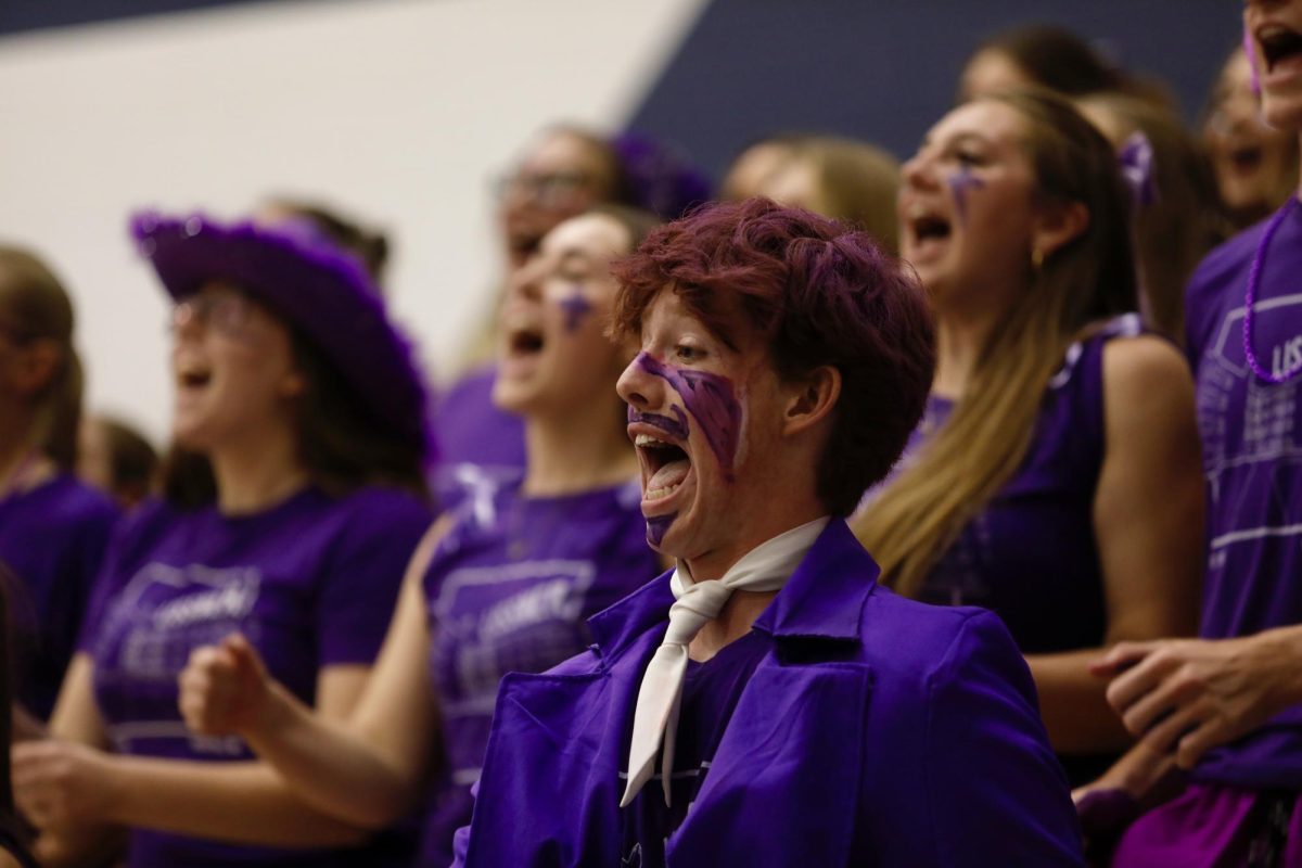 Lissner cheer captain Quinn Stromberg yells during the dorm's cheer Oct. 13, 2025, in the Robertson Center gym at Bethel University.