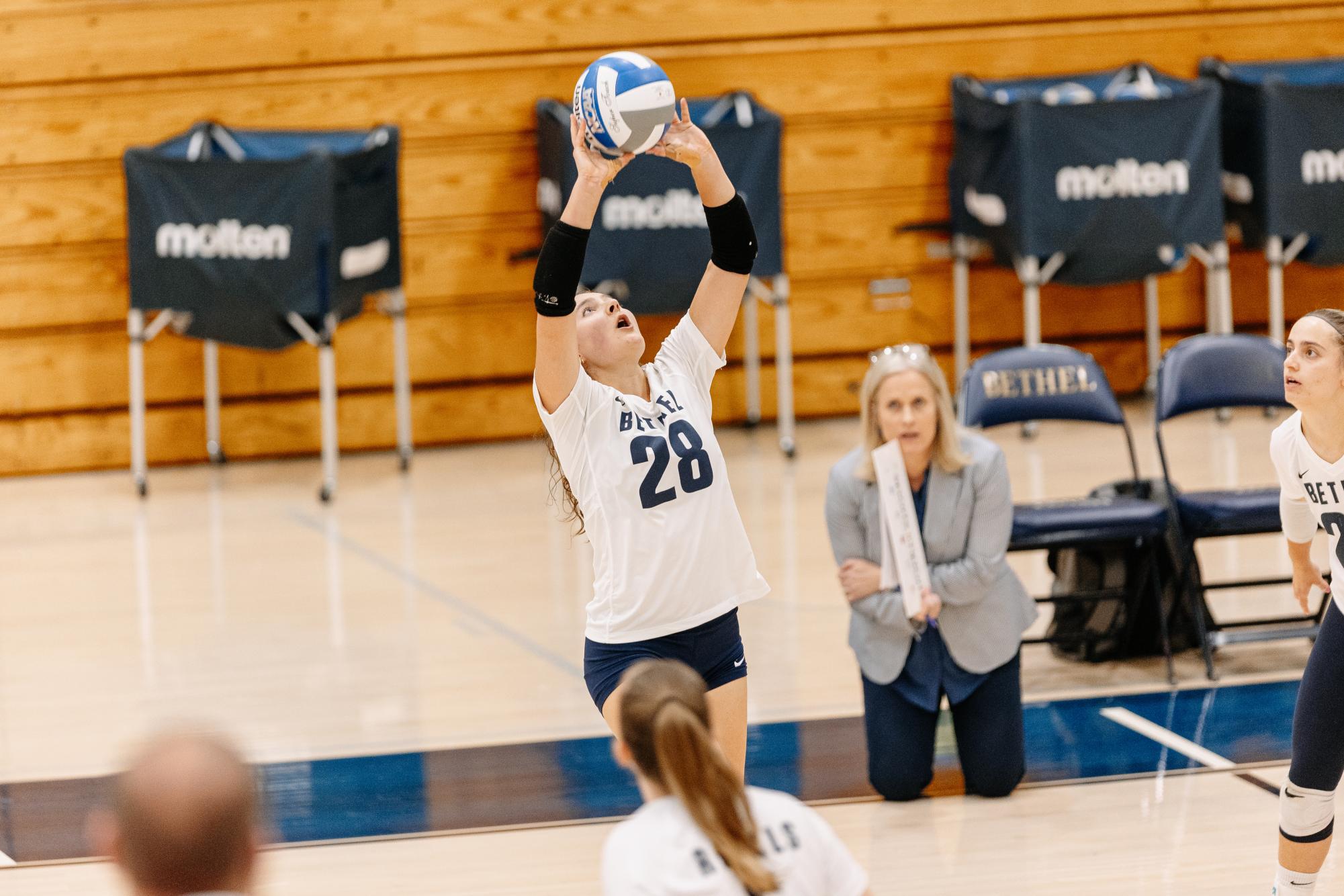 Bethel University freshman setter Sophia Rubio puts up an assist during the Royals' match against Gustavus Adolphus College Oct. 18. This season, Rubio leads the MIAC in assists per set with 10.22. 