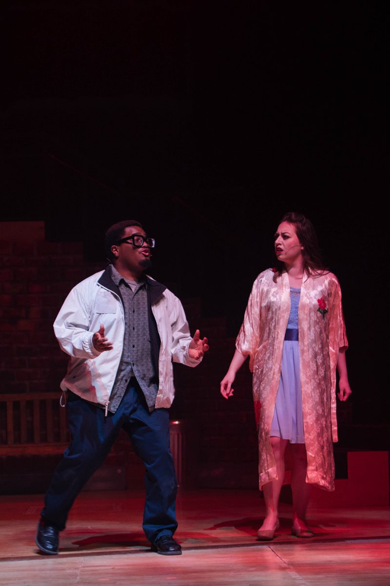 Senior Malachi Henderson, left, acts alongside senior Gracia Lumppio in Bethel University's 2026 production of "West Side Story."