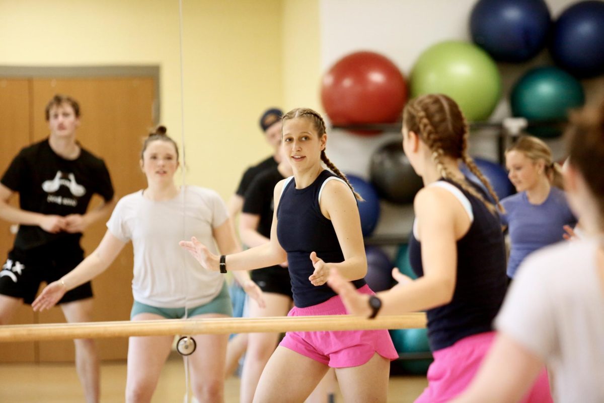 Bethel University freshman Charlotte Thompson teaches  Zumba class April 30, 2026, at the Bethel Wellness Center. Thompson’s passion for dance started in elementary school, and she founded Bethel’s new dance team in the fall of 2025. “It’s so rewarding, but it’s also the most challenging thing I’ve ever done,” she said.
